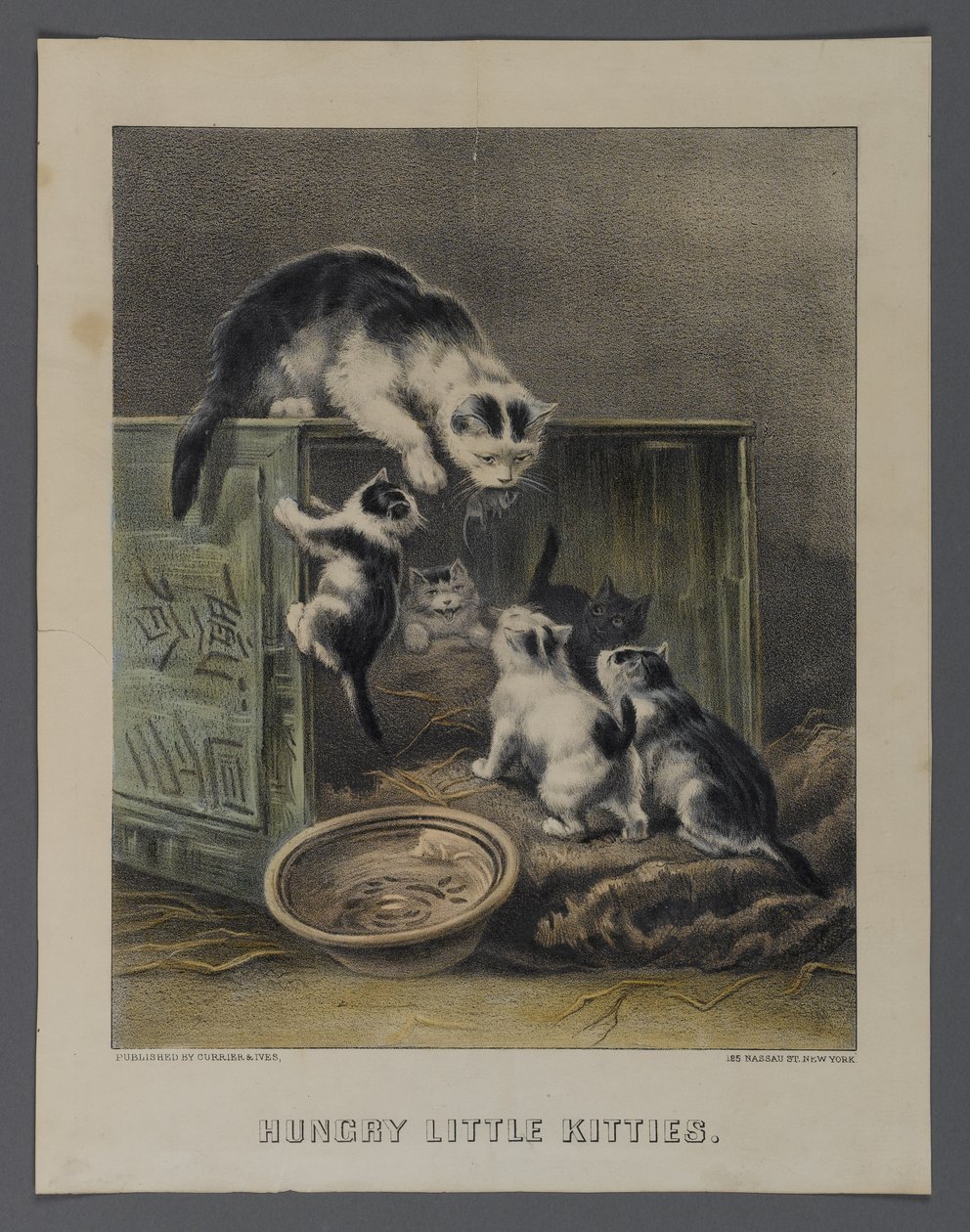 Little Kitties Famintos, publicado pela Currier & Ives, Nova York (litho colorido à mão) de American School