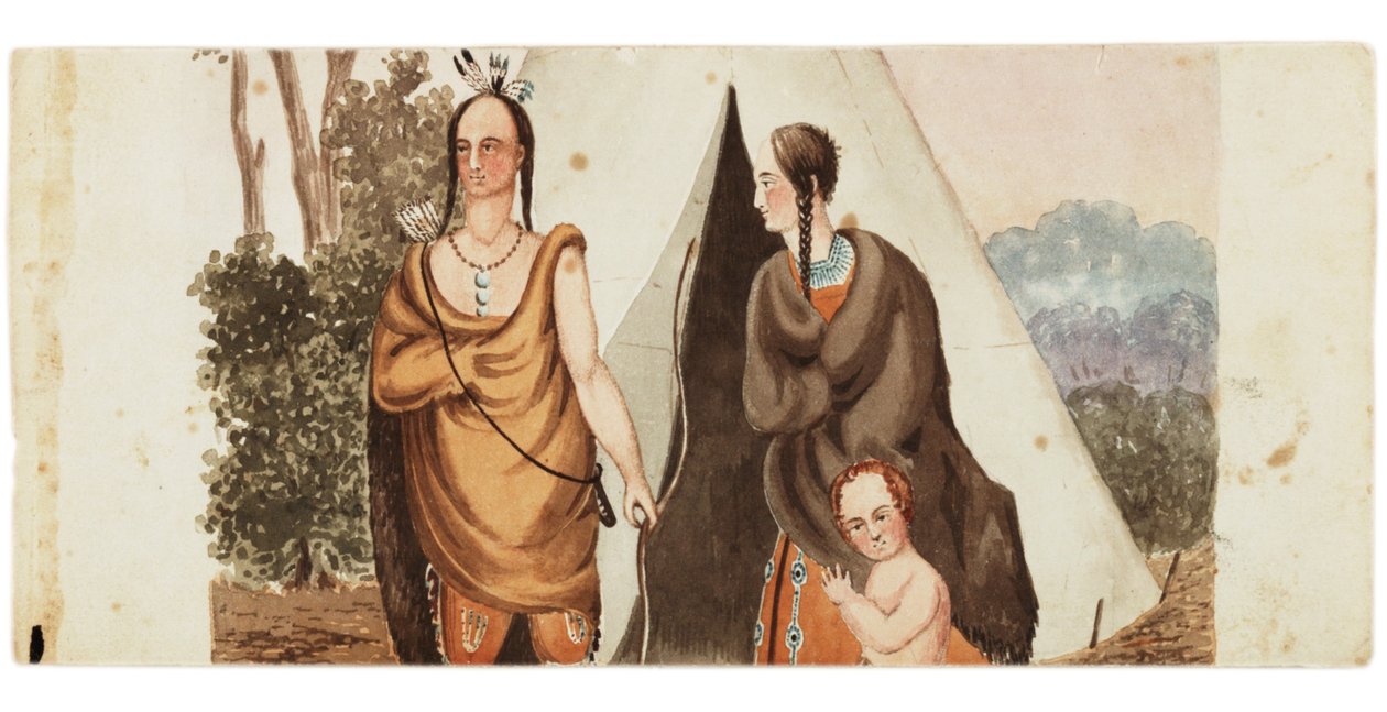 Família indiana sentada do lado de fora de uma tenda, c.1849 de American School