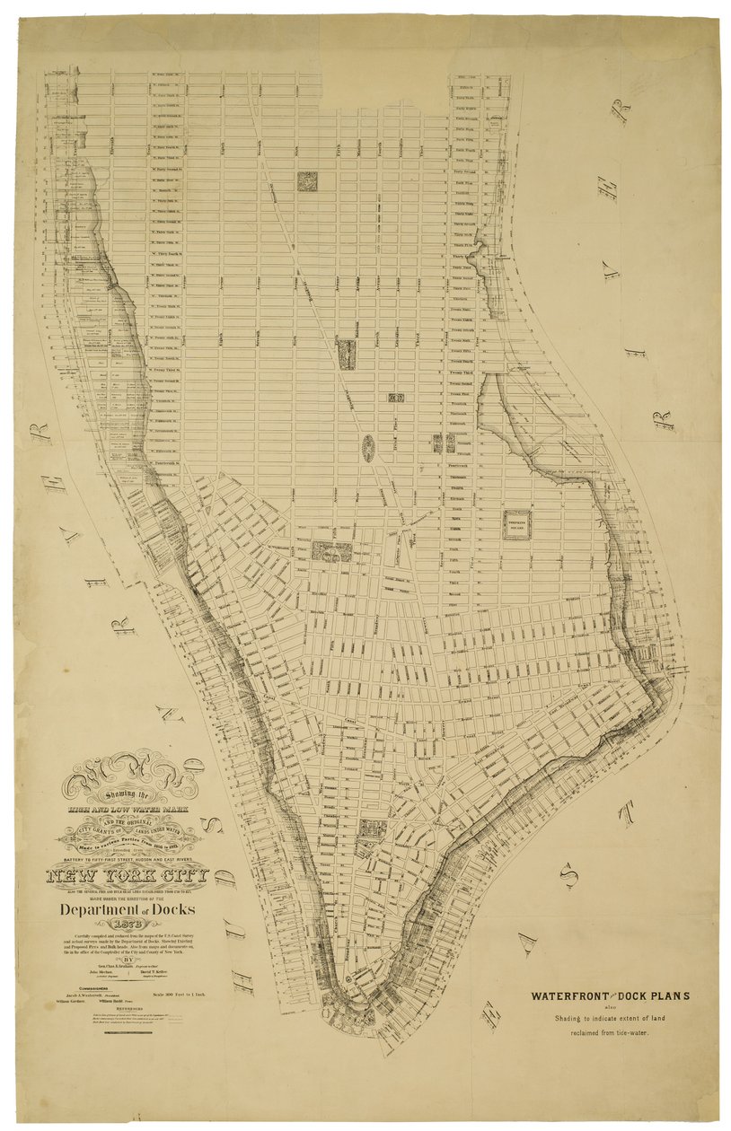 Mapa mostrando a marca de água alta e baixa e as concessões originais da cidade de terras sob a água feitas para várias partes de 1686 a 1873, estendendo-se da Battery à Fifty-first Street, Judson e East Rivers de American School