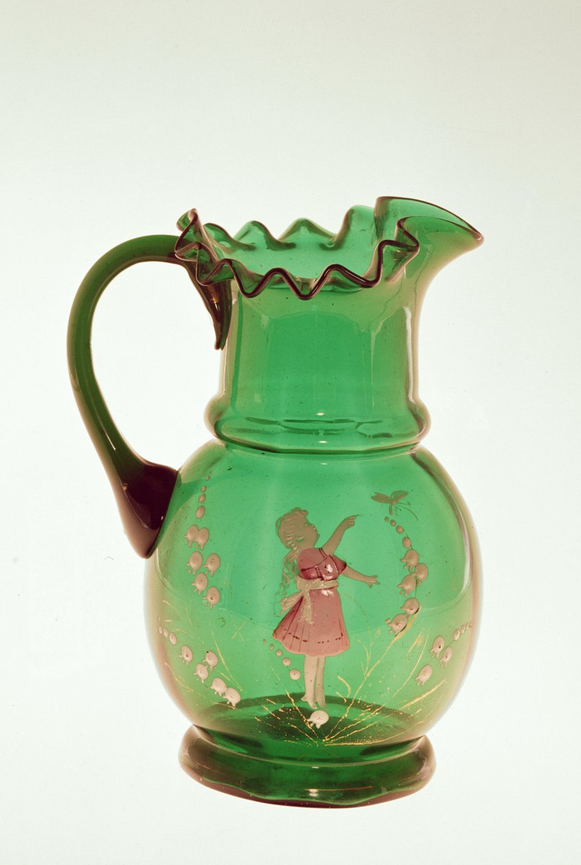 Mary Gregory, jarro verde, com, despedido, esmalte, quadro, de, criança, possivelmente, bohemian, tarde, 19o século, (glass) de American School