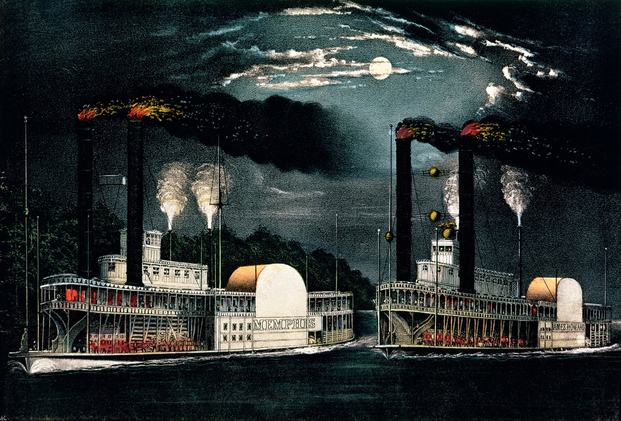 Midnight Race no Mississippi, publicado pela Currier and Ives de American School