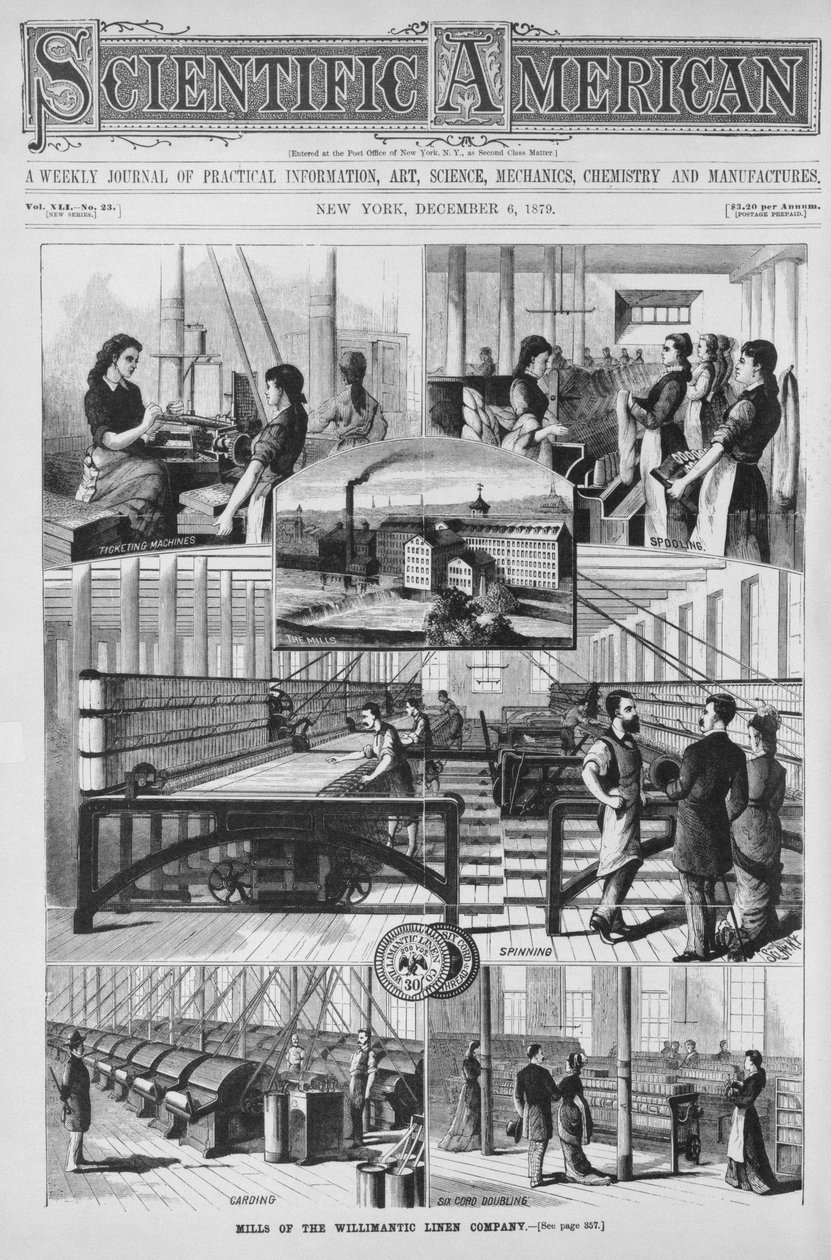 Moinhos da empresa de linho Willimantic, ilustração do &39;Scientific American&39; 6 de dezembro de 1879 de American School