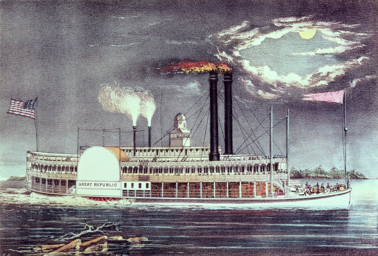 Moonlight on the Mississippi, publicado por Nathaniel Currier (1813-88) e James Merritt Ives (1824-95) de American School