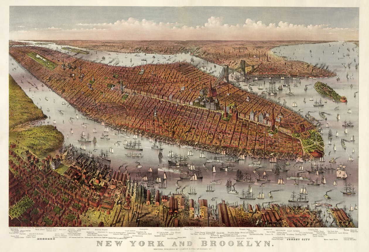 Nova York e Brooklyn, pub. 1875 (litografia a cores) de American School