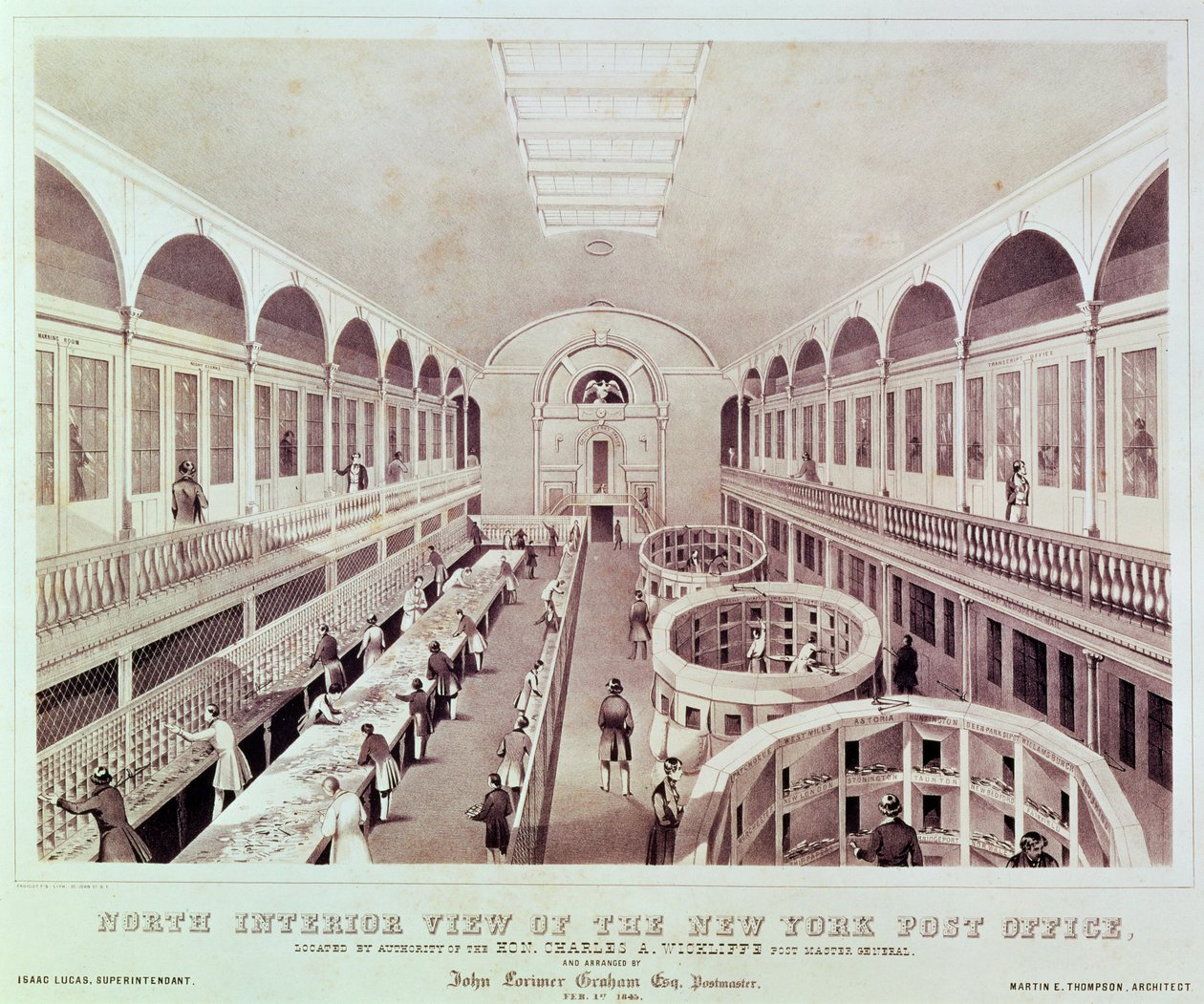 Norte Interior vista da estação de correios de Nova York, gravada por Endicott de American School