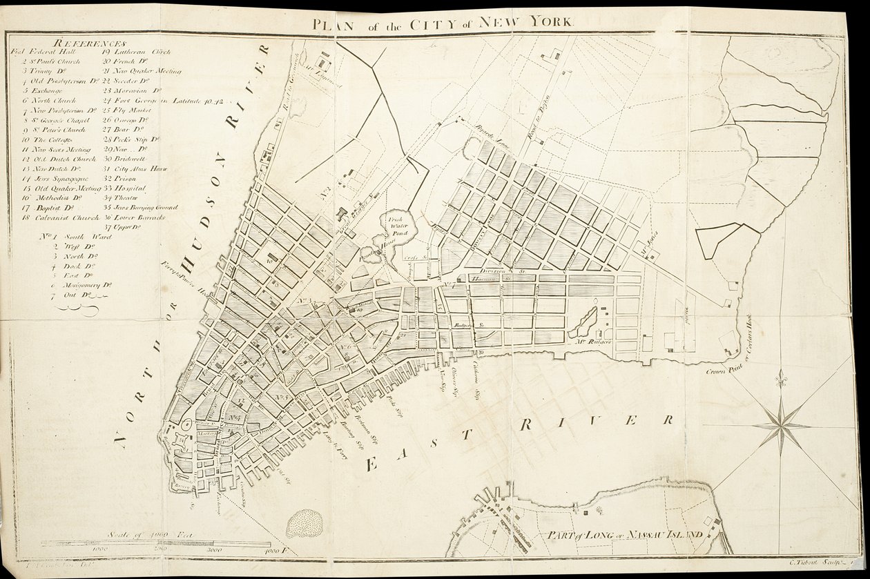 Plano da cidade de Nova York, gravado por Tiebout, 1789 (gravura, tinta sobre papel) de American School