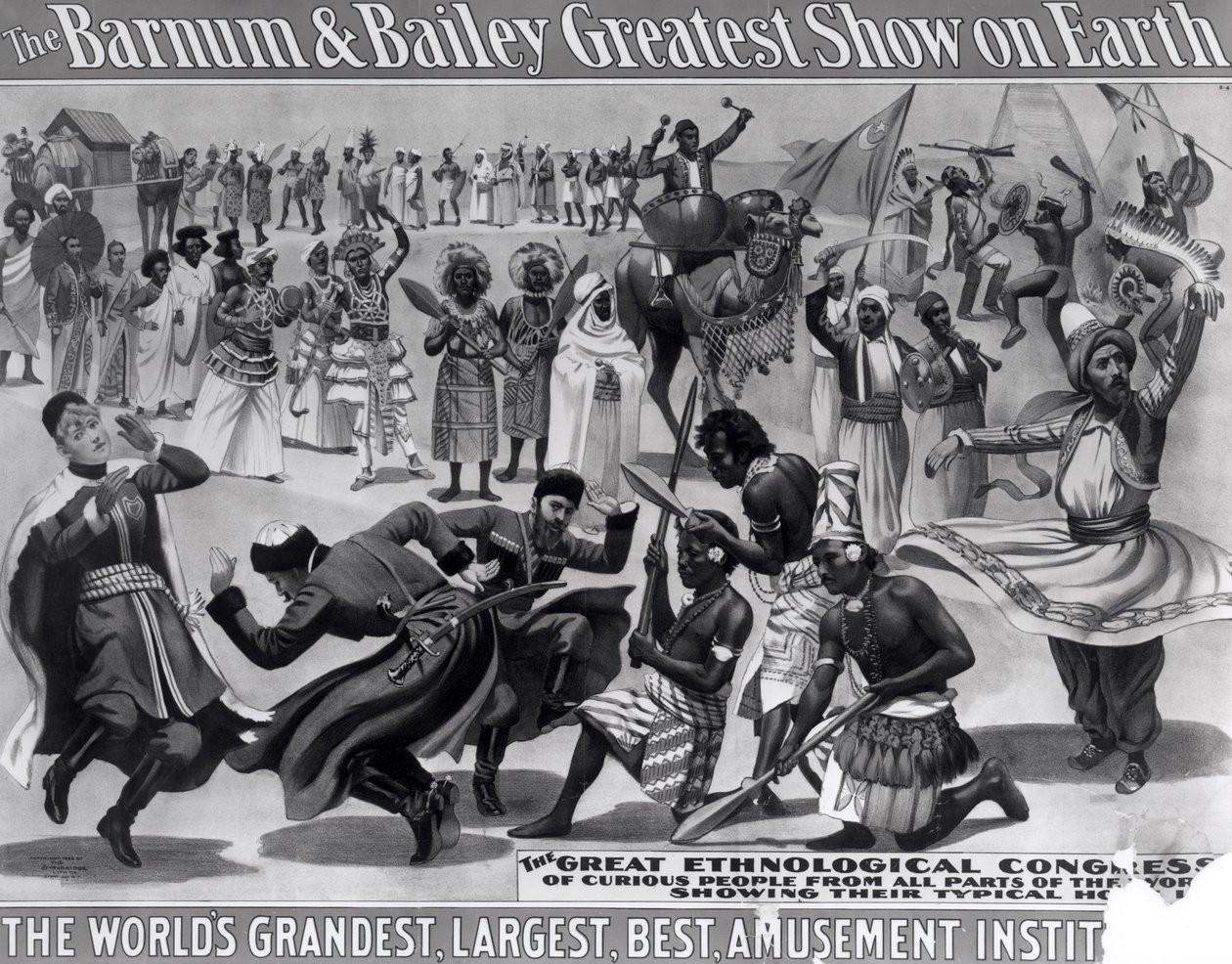 Propaganda de cartazes, &39;O maior show de Barnum e Bailey na Terra, a maior e melhor instituição de diversões do mundo&39;, c.1895 de American School