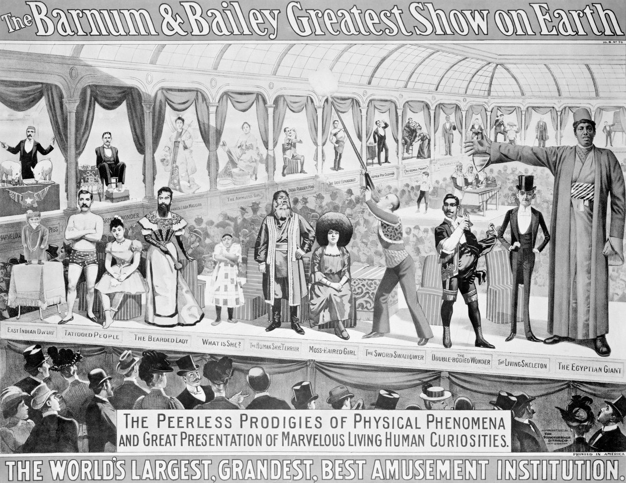 Propaganda de cartazes, &39;O maior show de Barnum e Bailey na Terra, a maior e melhor instituição de diversões do mundo&39;, c.1895 de American School