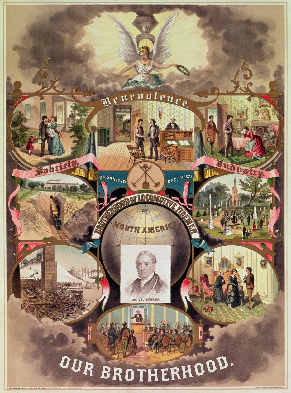Cartaz da &39;Irmandade dos Bombeiros Locomotivos da América do Norte&39;, 1885 de American School