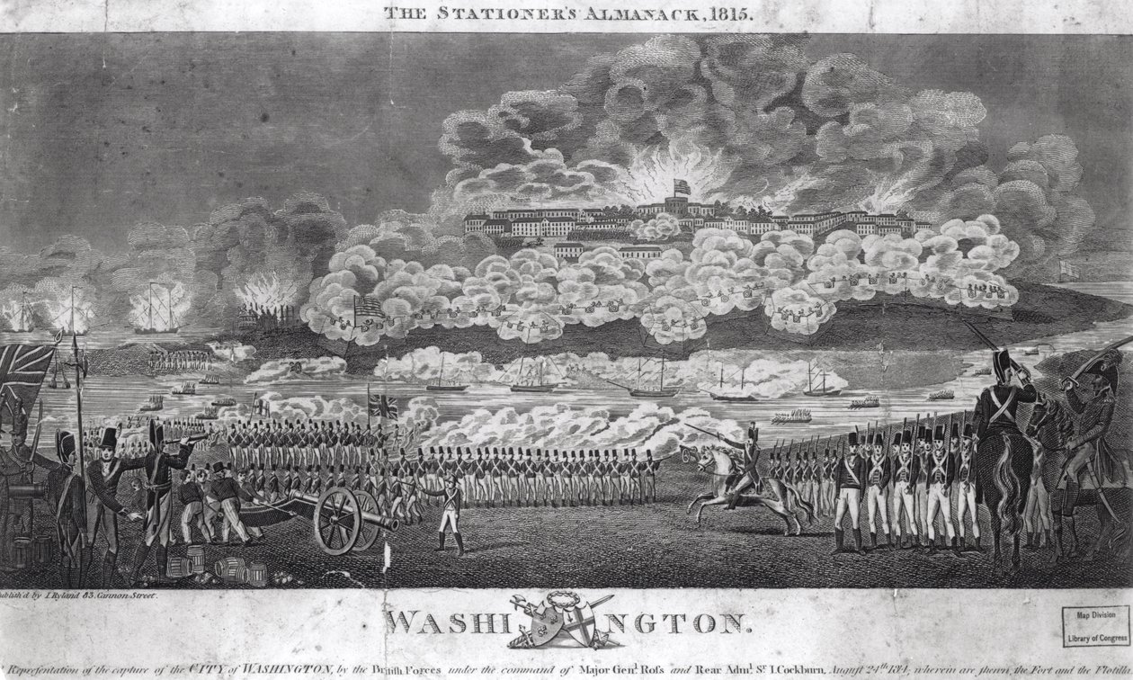 Representação da Captura da Cidade de Washington pelas forças britânicas, 24 de agosto de 1814, de &39;The Aleracker&39;s Stationer&39;, pub. por I. Ryland, 1815 de American School