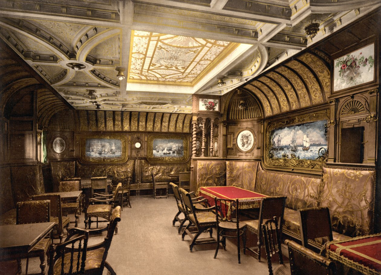 Salão de fumo em Kaiser Wilhelm der Grosse, bar. C. 1897 (litografia a cores) de American School