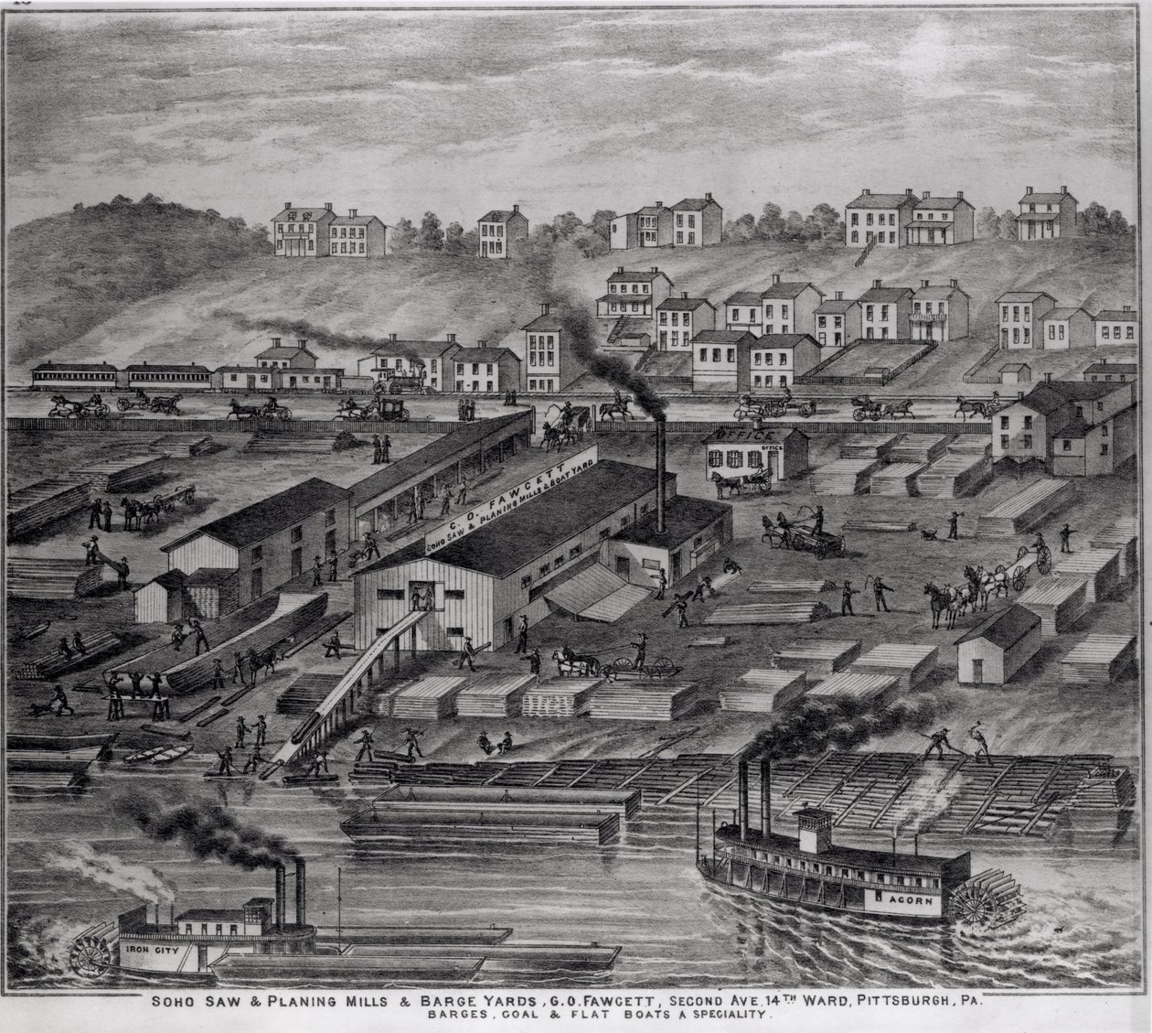Soho viu e aplainando moinhos e barcaças, GO Fawcett, segunda avenida, 14ª divisão, Pittsburgh, PA, de &39;Atlas ilustrado do Upper Ohio River&39;, 1877 de American School