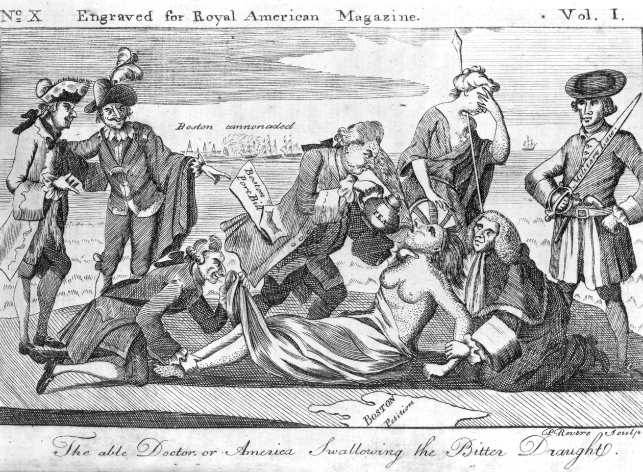 The Able Doctor, ou America Swallowing the Bitter Draft, gravada por Paul Revere (1735-1818) para &39;Royal American Magazine&39;, junho de 1774 de American School