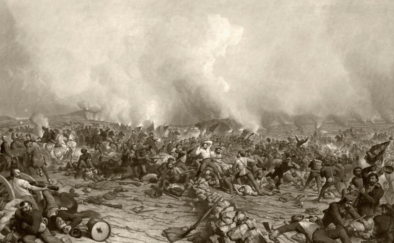 A Batalha de Gettysburg, depois de uma gravura do século 19 gravada por John Sartain de um apitting por PF Rothermel de American School