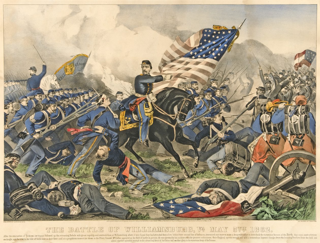 A batalha de Williamsburg, VA, 5 de maio de 1852, pub 1862 (gravura colorida à mão) de American School