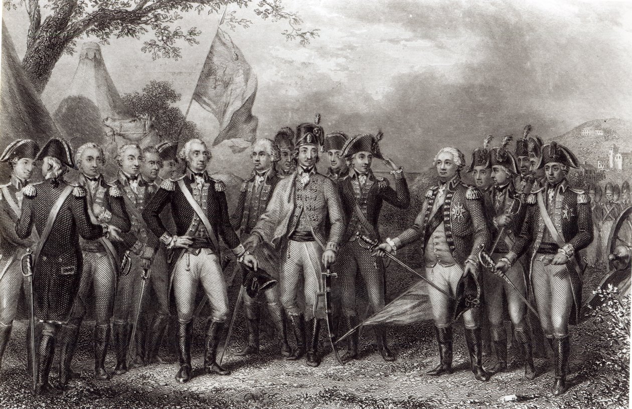 Os britânicos entregam suas armas ao general Washington, em 19 de outubro de 1781, gravado por J. Stephenson de American School