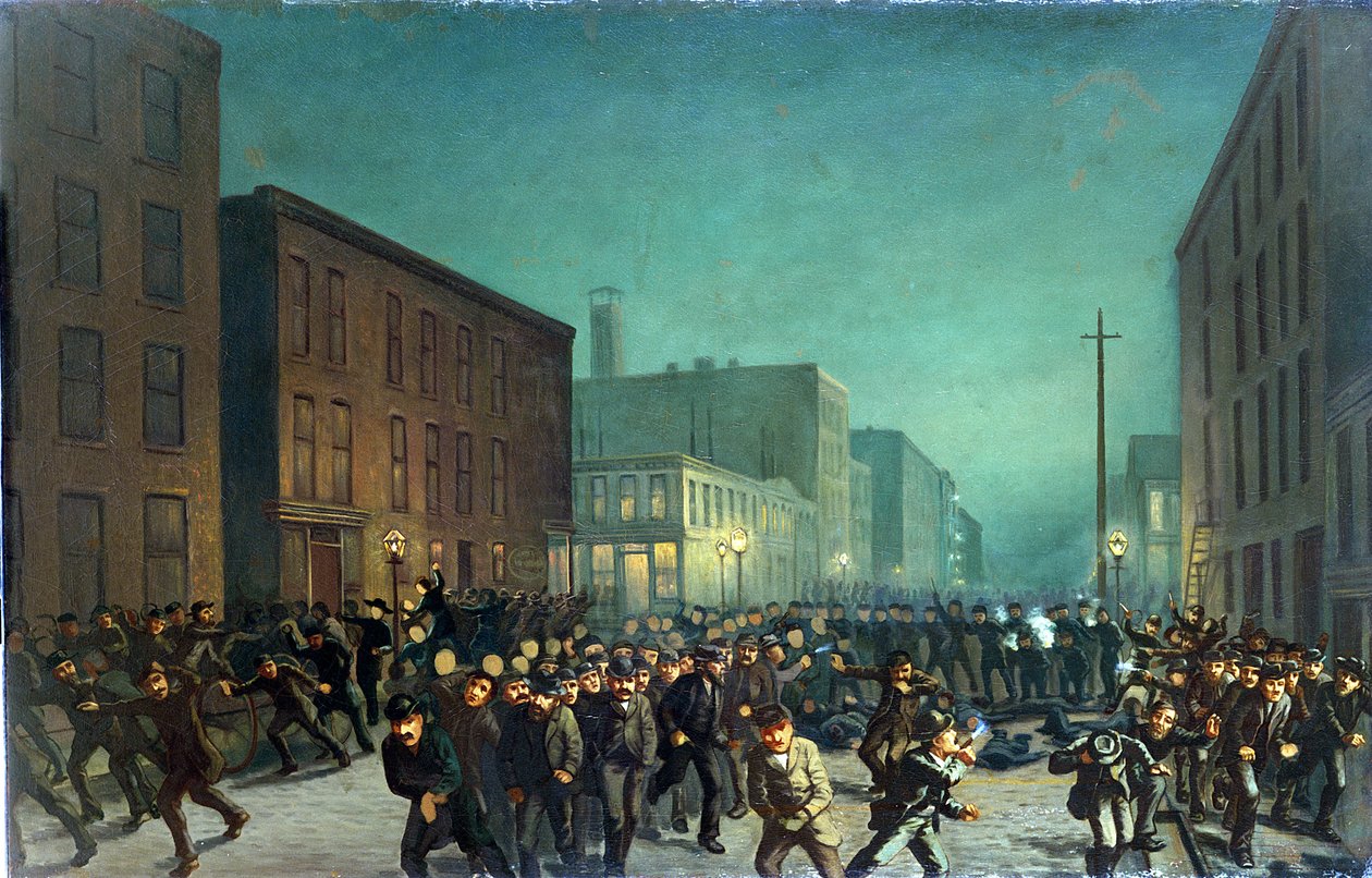 Os motins de Haymarket, Chicago 1 de maio de 1866, c.1886 de American School