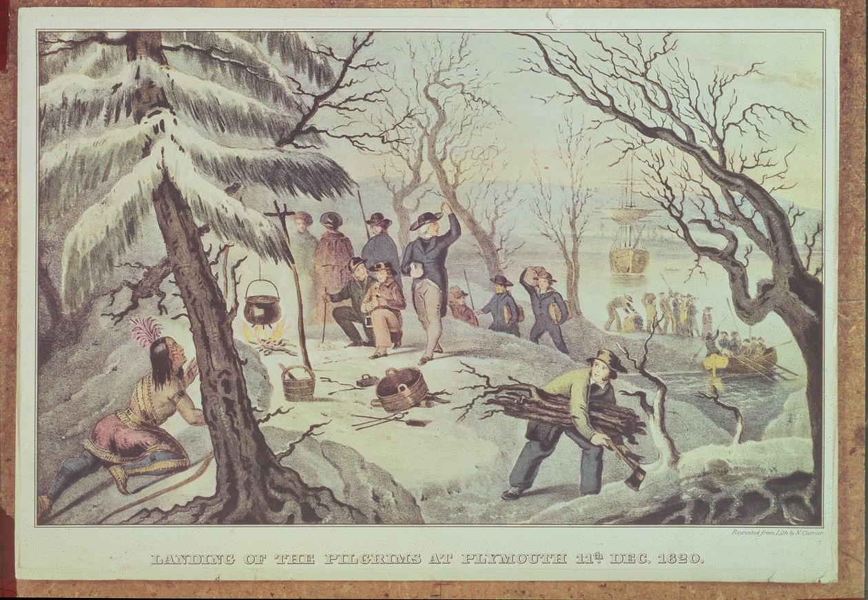 O desembarque dos peregrinos em Plymouth, 11 de dezembro de 1620, gravado por Nathaniel Currier (1813-88) de American School