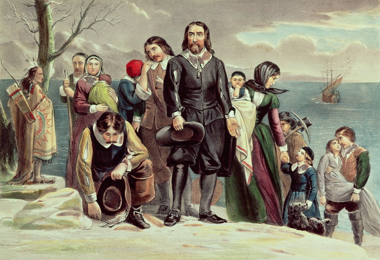 O desembarque dos peregrinos em Plymouth, Massachusetts, 22 de dezembro de 1620, publicado por Currier und Ives (ver também 97927) de American School