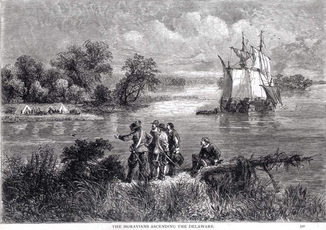Os Morávios Ascendendo o Delaware, de "O Romance e a Tragédia da Vida Pioneira", de Augustus L. Mason, 1883 de American School