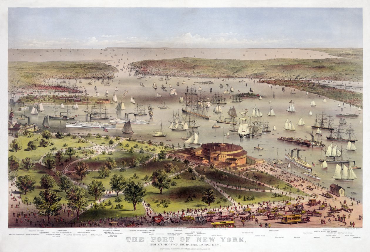 O porto de Nova York: Birds Eye View da bateria, olhando para o sul, pub. 1862 (litografia a cores) de American School