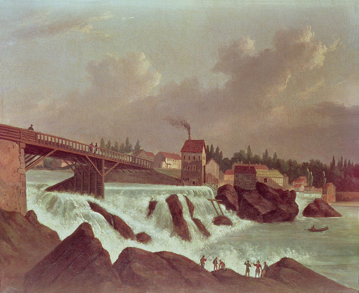 A primeira fábrica de algodão dos Estados Unidos, fundada por Samuel Slater no rio Blackstone em Pawtucket, Rhode Island, c.1790 de American School