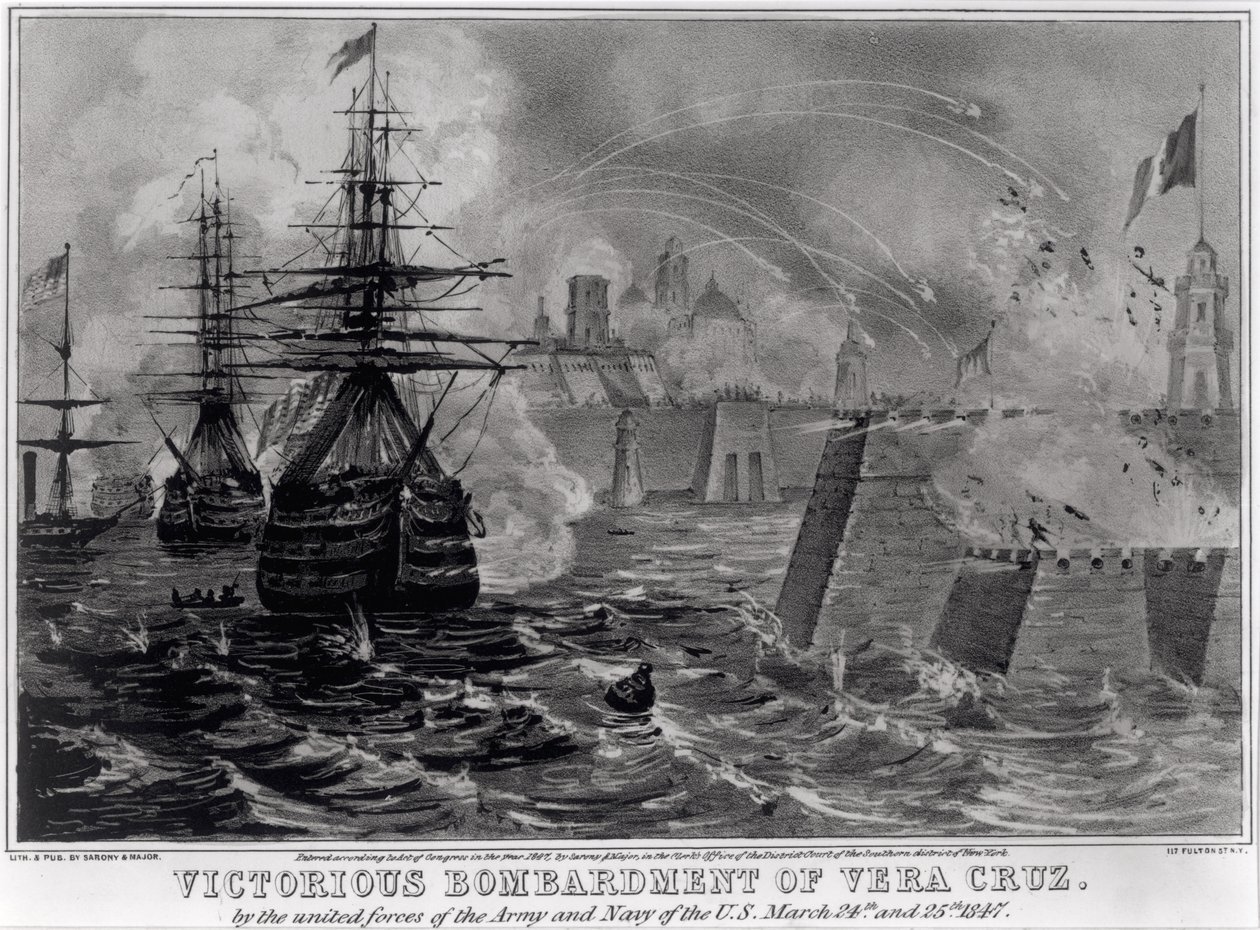 Bombardeio vitorioso de Vera Cruz pelas forças unidas do exército e da marinha dos EU, 24 de março e 25 de 25 de maio de 1847, bar. por Sarony und Major, 1847 de American School