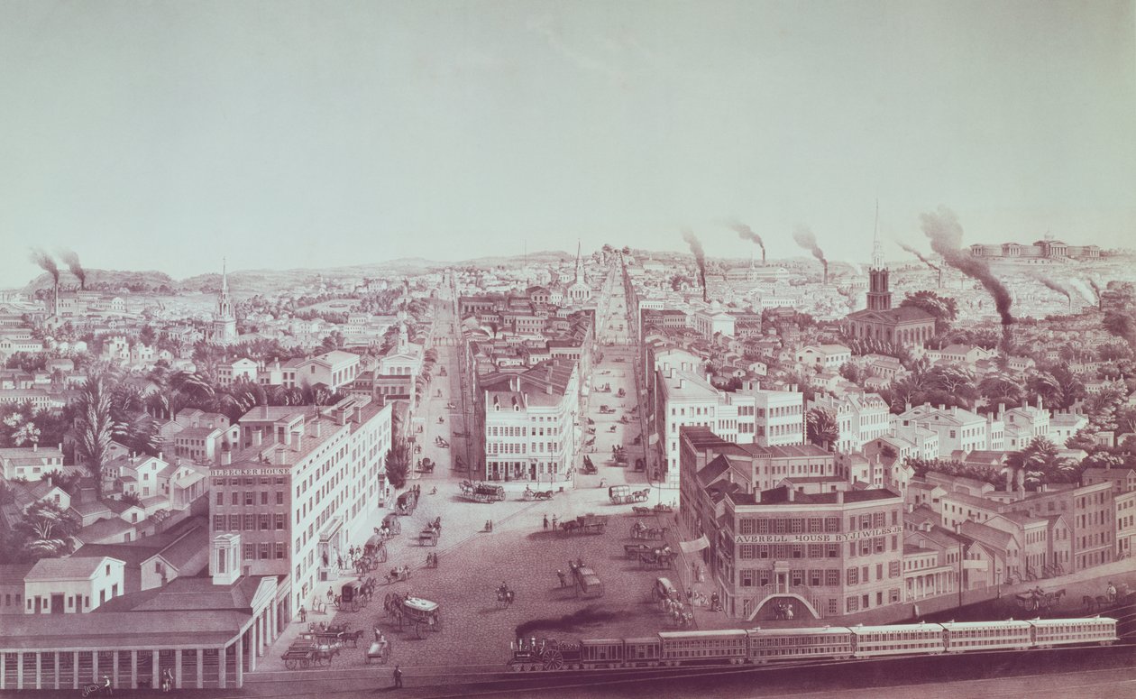 Vista da cidade de Utica, estado de Nova Iorque, gravada por DW Moody, bar. por F. Michelin, c.1850 de American School