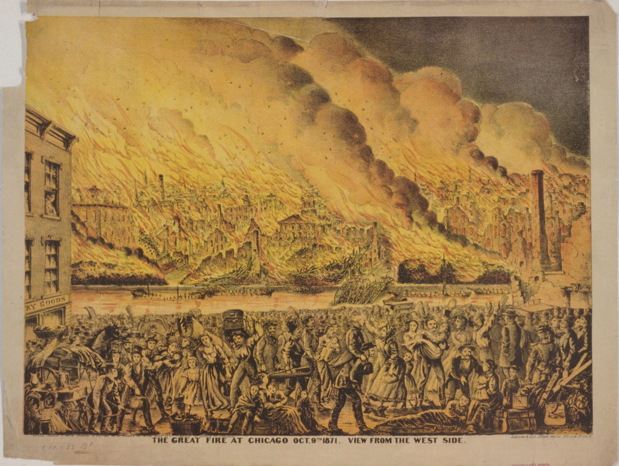 Vista do Grande Incêndio de Chicago, 9 de outubro de 1871, do lado oeste de American School