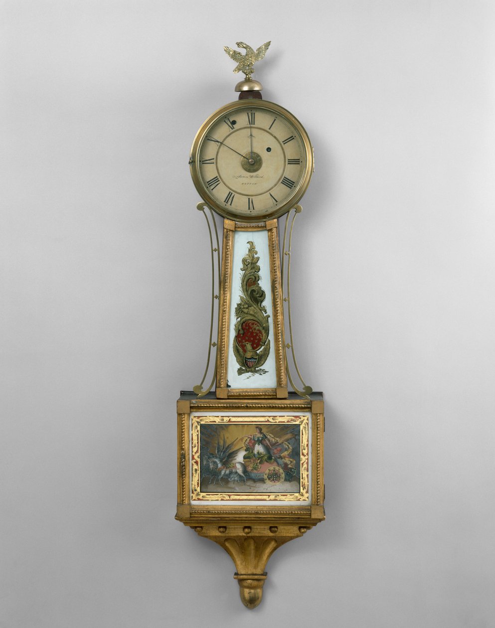 Relógio de parede, da loja de Aaron Willard Sr., ou Aaron William Jr., Boston, 1802-30 (pinho de esterno dourado, basalto, mogno e cereja preta) de American School
