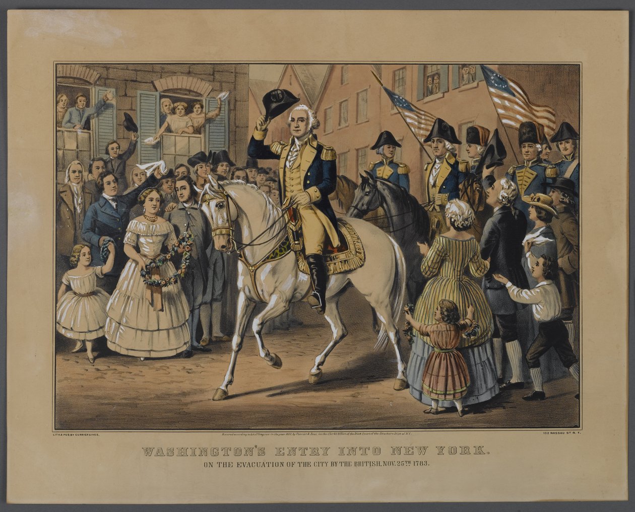Washingtons Entry in New York, publicado pela Currier & Ives, Nova York, 1857 (lito à mão) de American School