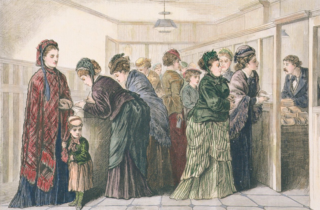 Mulheres no escritório do jornal colocando anúncios para o trabalho, Nova York, 1874 de American School