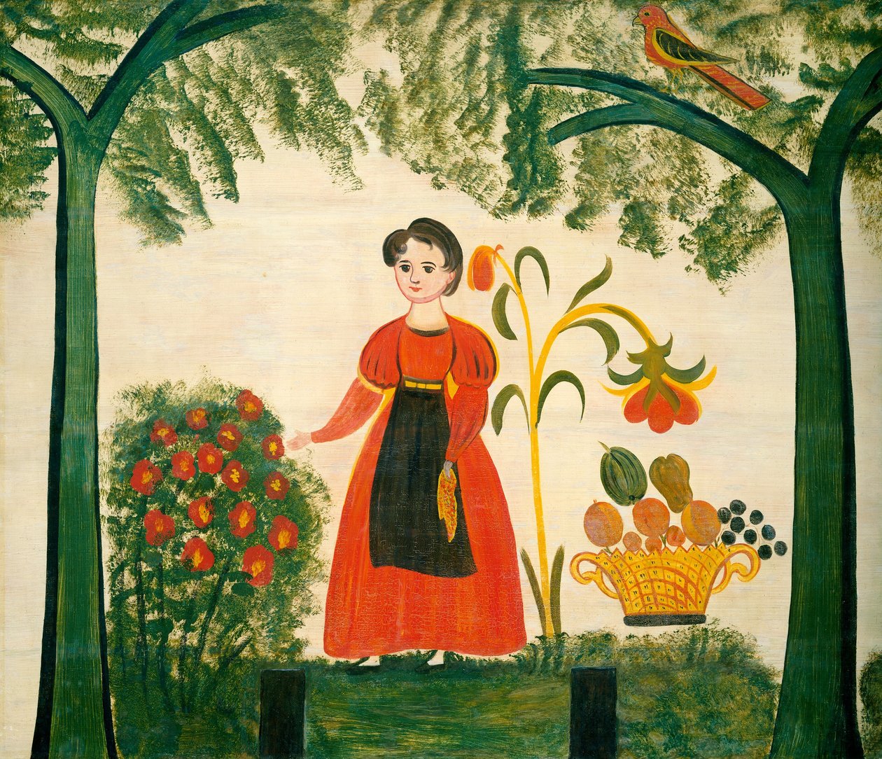 Garota de vermelho com flores e um Distelfink de American 19th Century