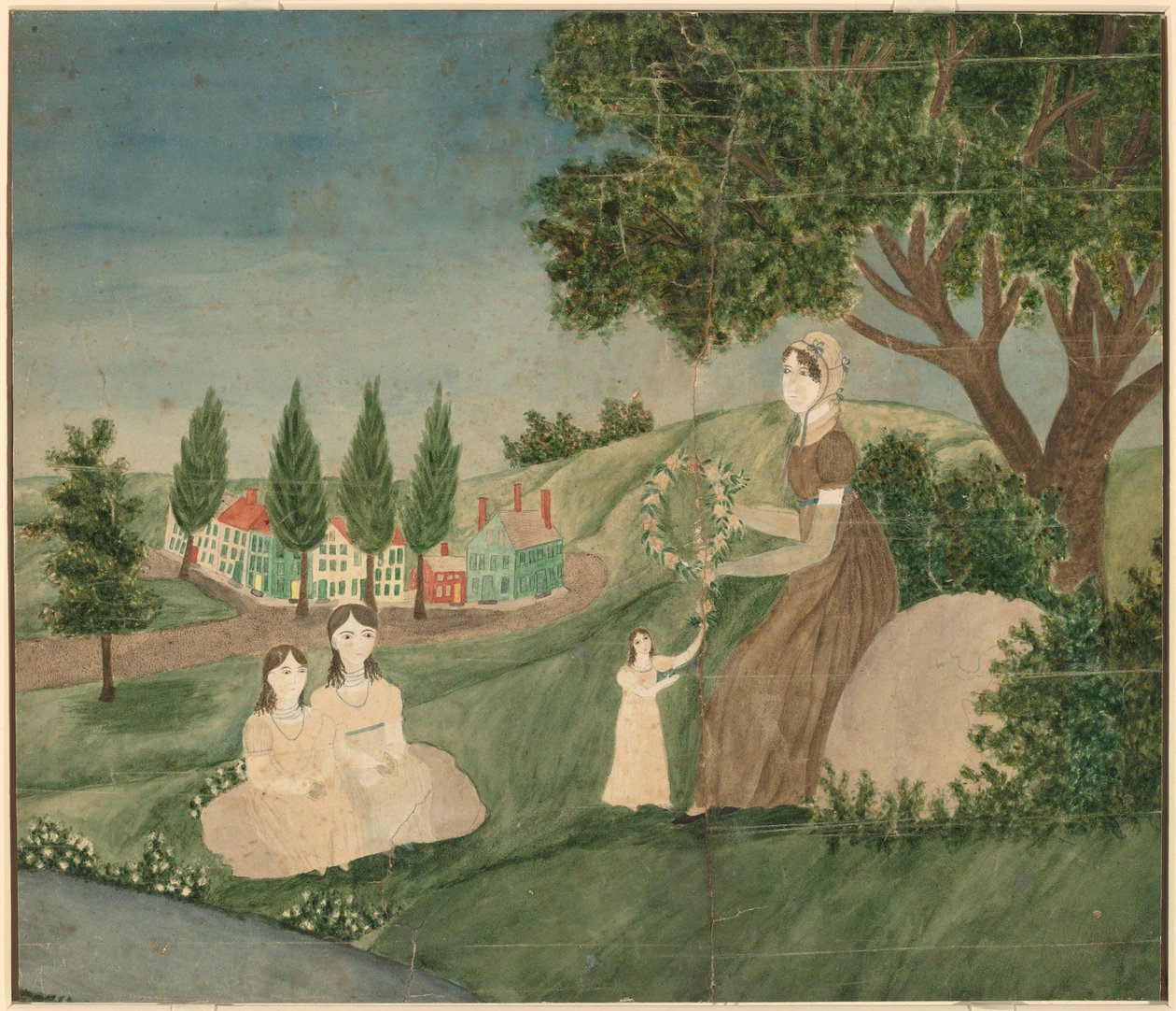 Mãe e três filhos fazendo uma guirlanda floral de American 19th Century