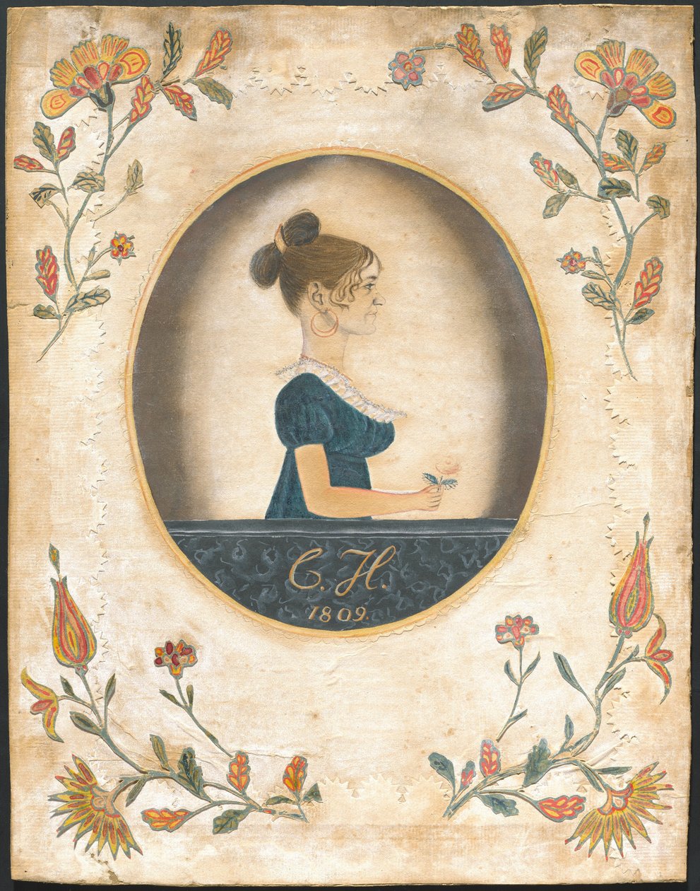 Mulher segurando uma rosa de American 19th Century