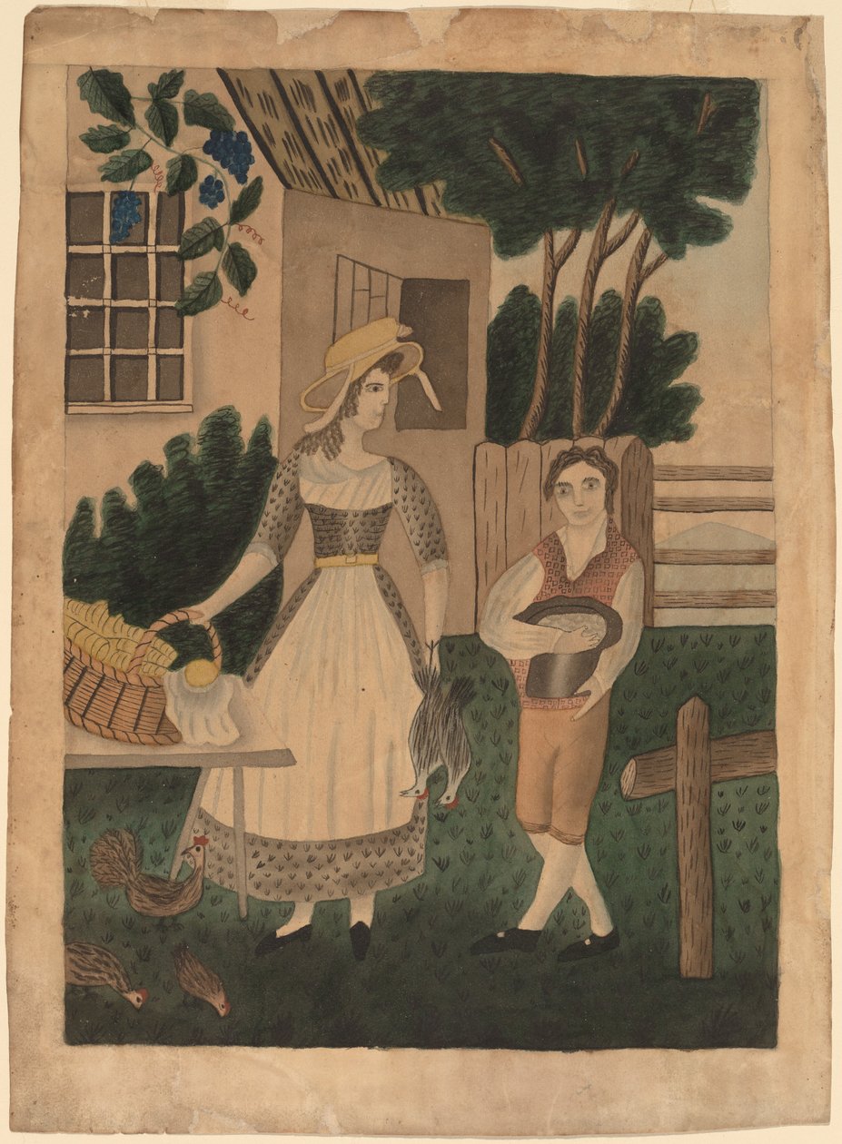 Mulher e menino com provisões de American 19th Century
