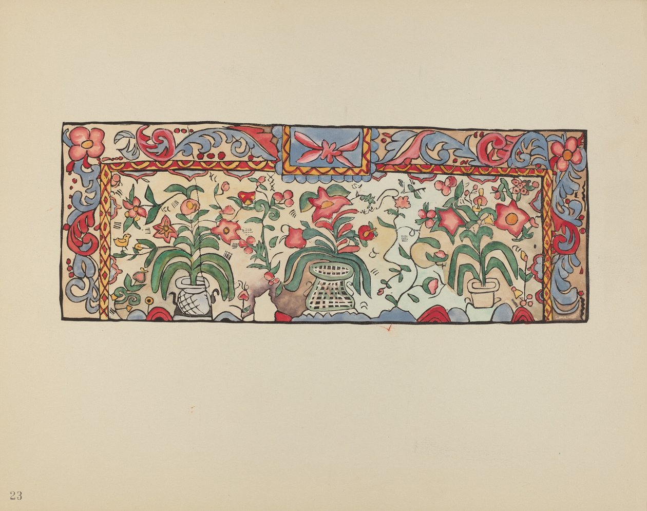 Gravura 23: Pintura em pele de gamo: do portfólio "Desenhos coloniais espanhóis do Novo México" de American 20th Century