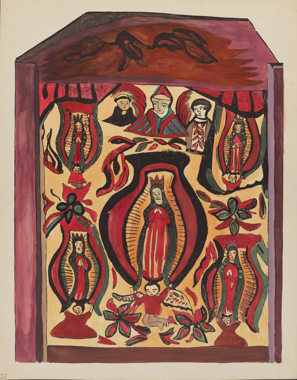 Gravura 32: Nossa Senhora de Guadalupe": Do Portfólio "Desenhos Coloniais Espanhóis do Novo México" de American 20th Century