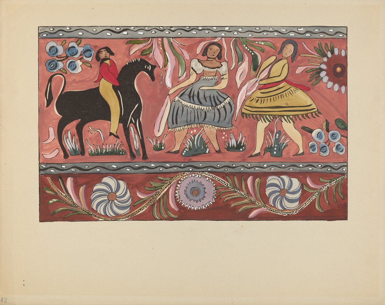 Gravura 42: Design de baú pintado: do portfólio "Desenhos coloniais espanhóis do Novo México" de American 20th Century