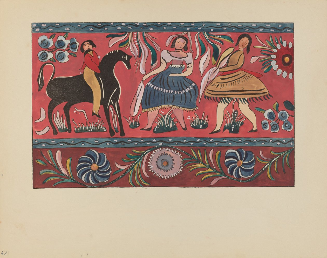 Ilustração 42: Design de baú pintado: do portfólio "Desenhos coloniais espanhóis do Novo México" de American 20th Century