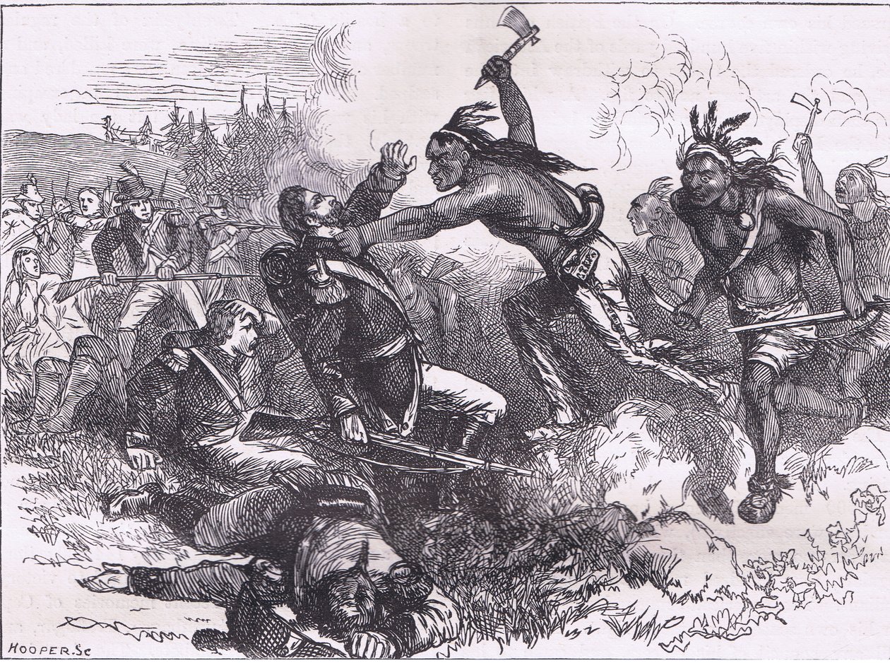 Ataque dos índios em Fort Dearborn, ilustração de Cassells History of the United States publicada por Cassell, Petter & Galpin, c.1900 (litho) de American English school