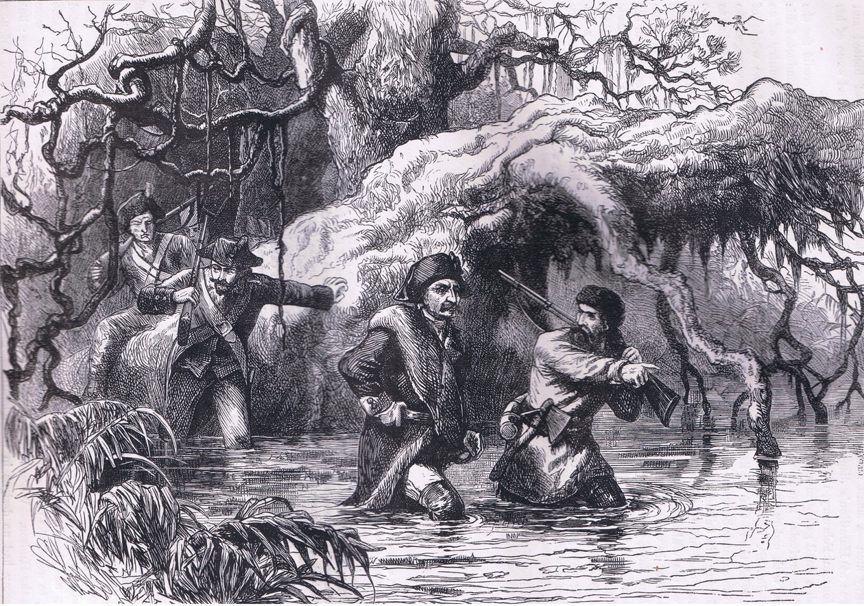 Clarke e seus soldados atravessando o Wabash, ilustração de Cassell History of the United States publicada por Cassell, Petter & Galpin, c.1900 (litho) de American English school