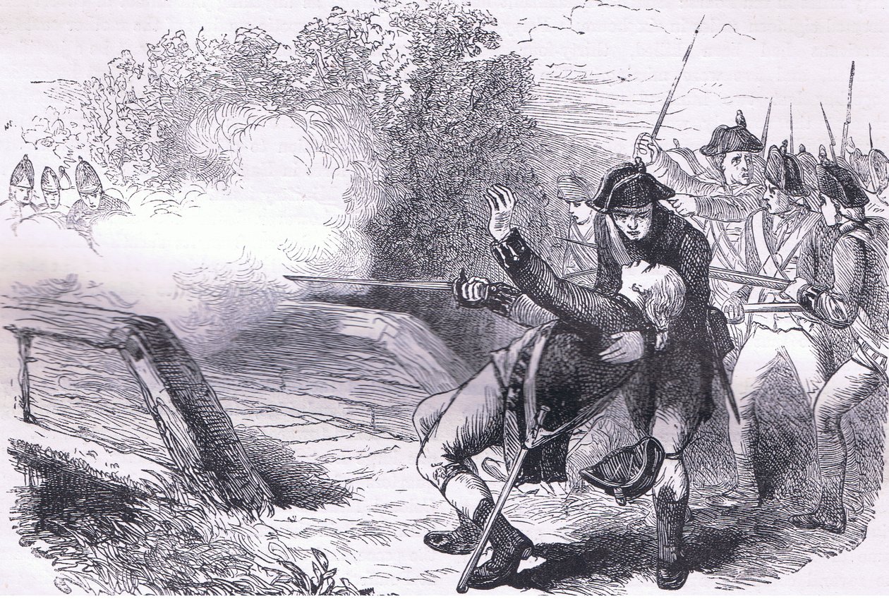 Morte de Isaac Davis, ilustração de Cassell History of the United States publicada por Cassell, Petter & Galpin, c.1900 (litho) de American English school