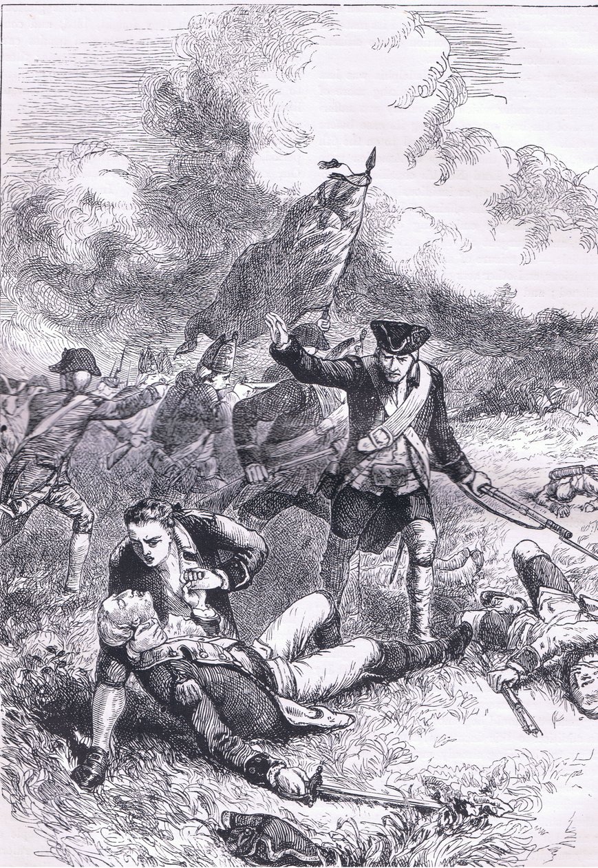 Morte do Major Pitcairn, ilustração de Cassells History of the United States publicada por Cassell, Petter & Galpin, c.1900 (litho) de American English school