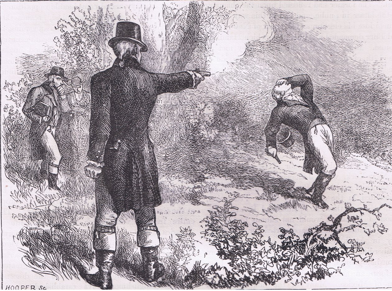 Duelo entre Burr e Hamilton, ilustração de Cassells History of the United States publicada por Cassell, Petter & Galpin, c.1900 (litho) de American English school