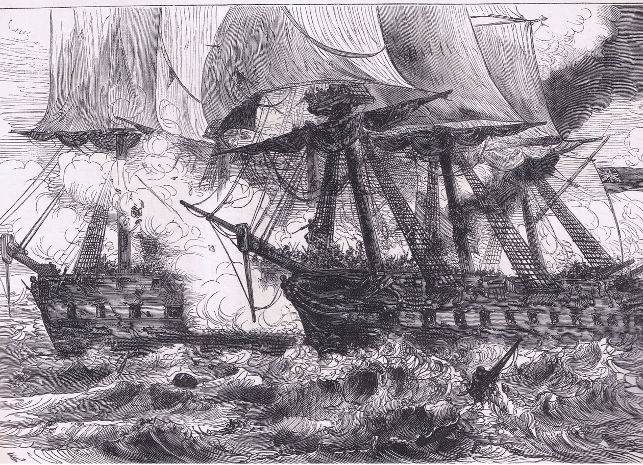 Luta entre o Chesapeake e o Shannon, ilustração de Cassells History of the United States publicada por Cassell, Petter & Galpin, c.1900 (litho) de American English school