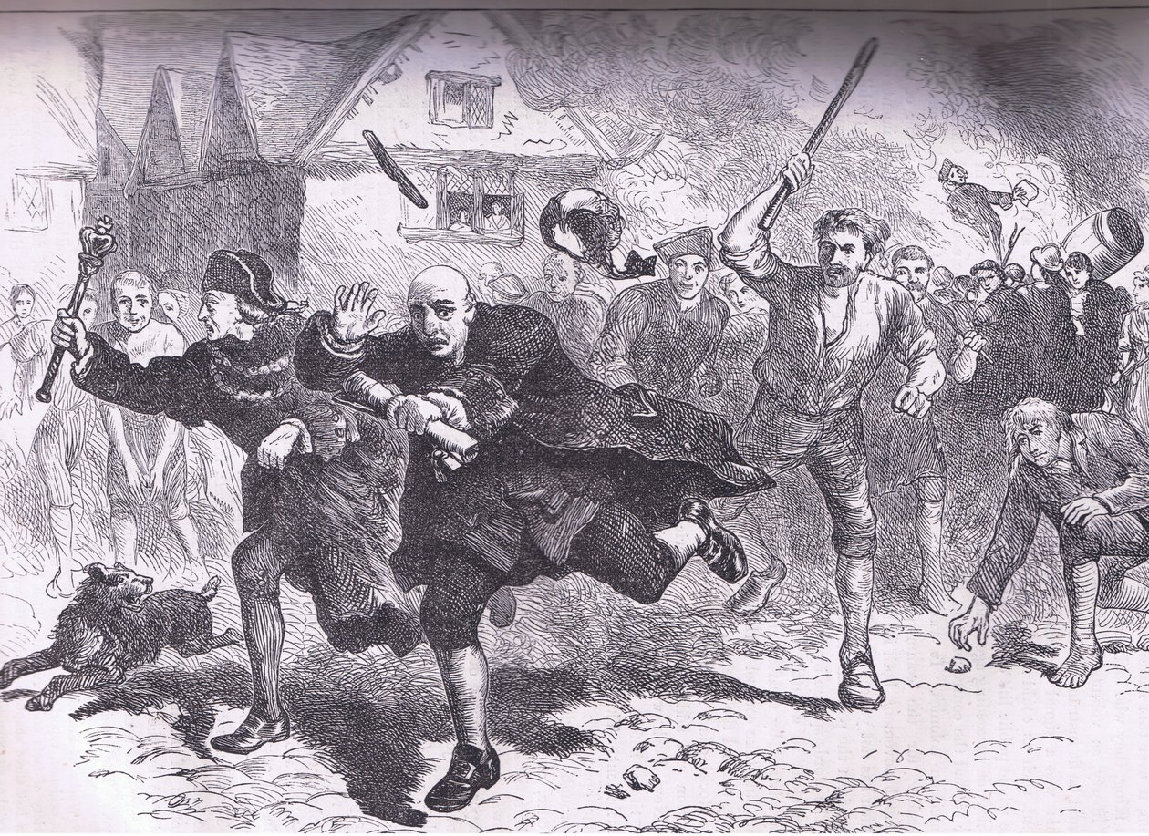 Vôo de Hutchinson antes dos manifestantes 1766, ilustração de Cassells History of the United States publicada por Cassell, Petter & Galpin, c.1900 de American English school