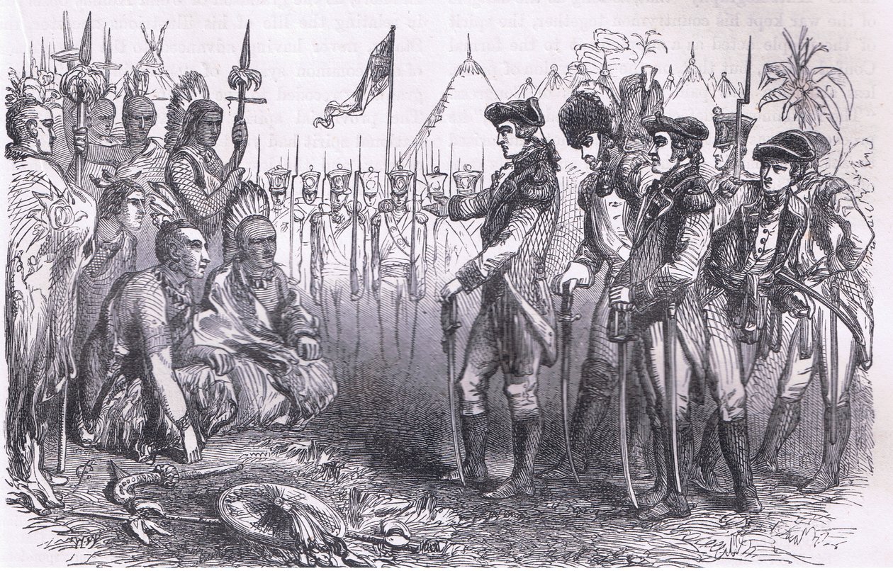 General Burgoyne dirigindo-se aos índios, ilustração de Cassells History of the United States publicada por Cassell, Petter & Galpin, c.1900 (litho) de American English school
