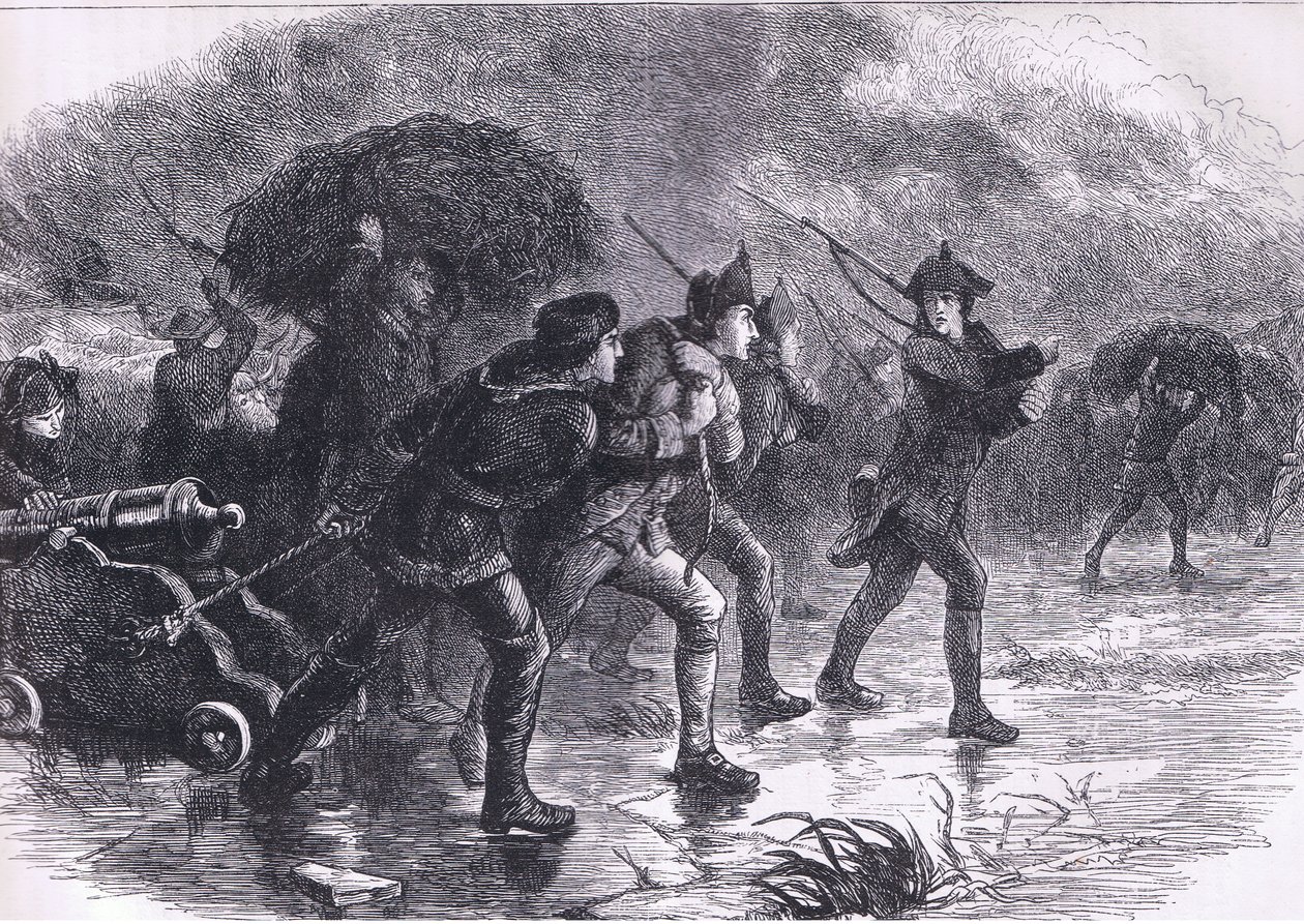 Night Maoeuvres of the Americans at Boston, ilustração de Cassells History of the United States publicada por Cassell, Petter & Galpin, c.1900 (litho) de American English school