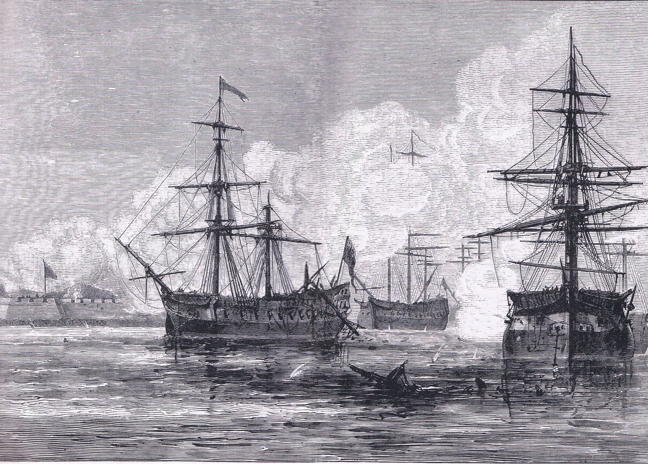 O ataque à Ilha de Sullivan, ilustração de Cassell History of the United States publicada por Cassell, Petter & Galpin, c.1900 (litho) de American English school